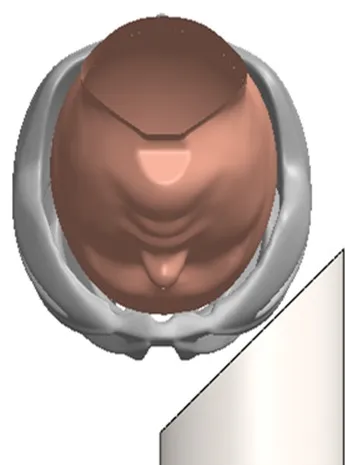CAD view of the EN 17950 headform and helmet positioned on the 45° anvil for the front-side impact.