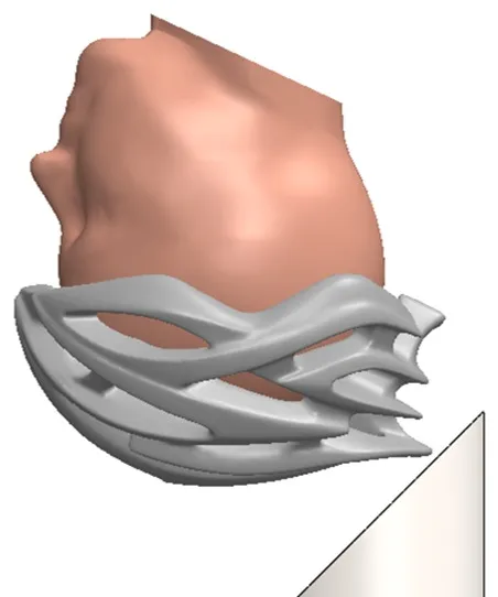CAD view of the EN 17950 headform and helmet positioned on the 45° anvil for the rear impact.