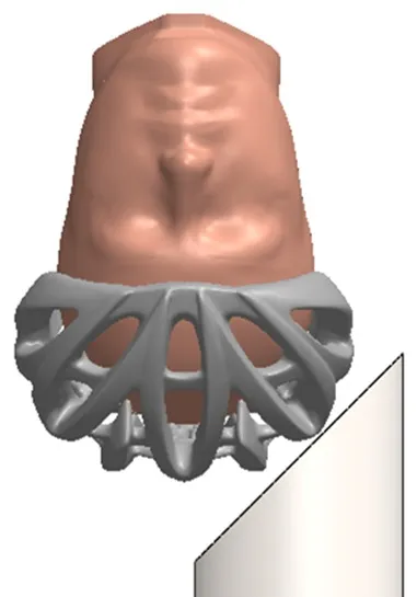 CAD view of the EN 17950 headform and helmet positioned on the 45° anvil for the side impact.